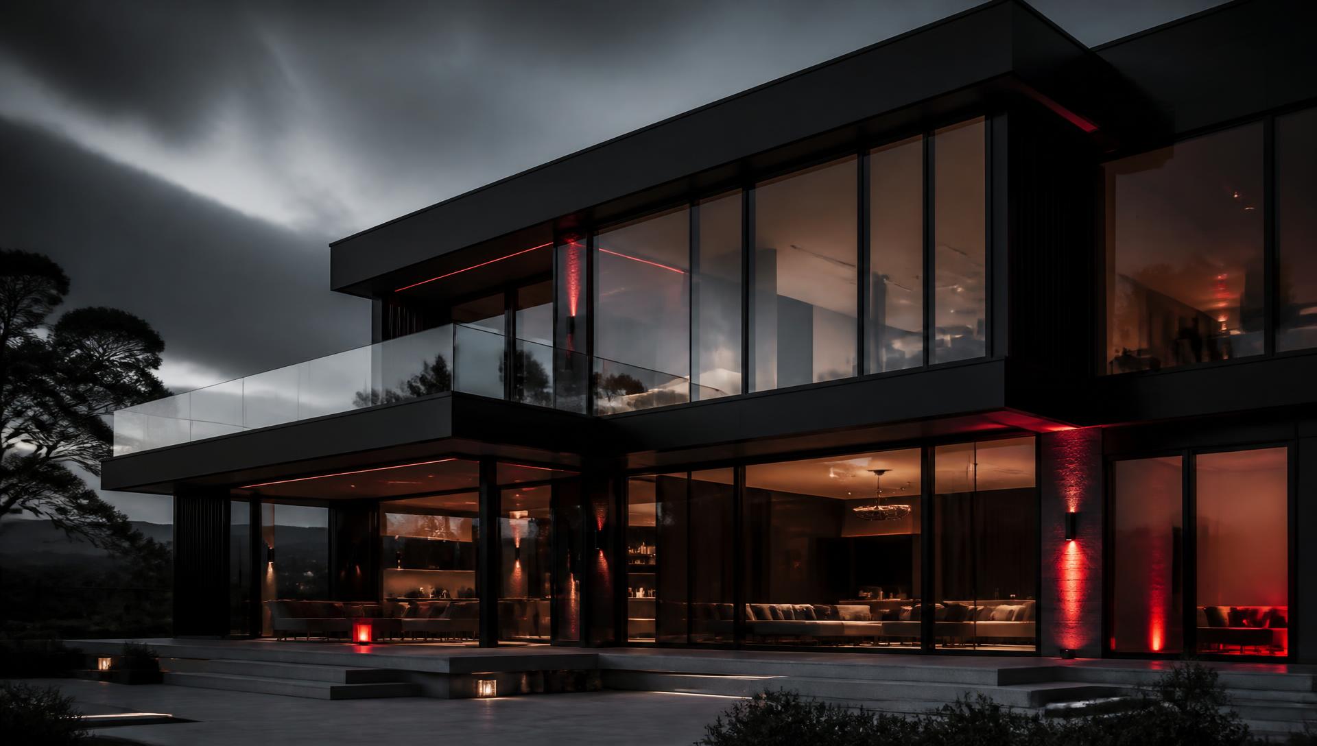Modern building with black aluminium framed glass windows at dusk